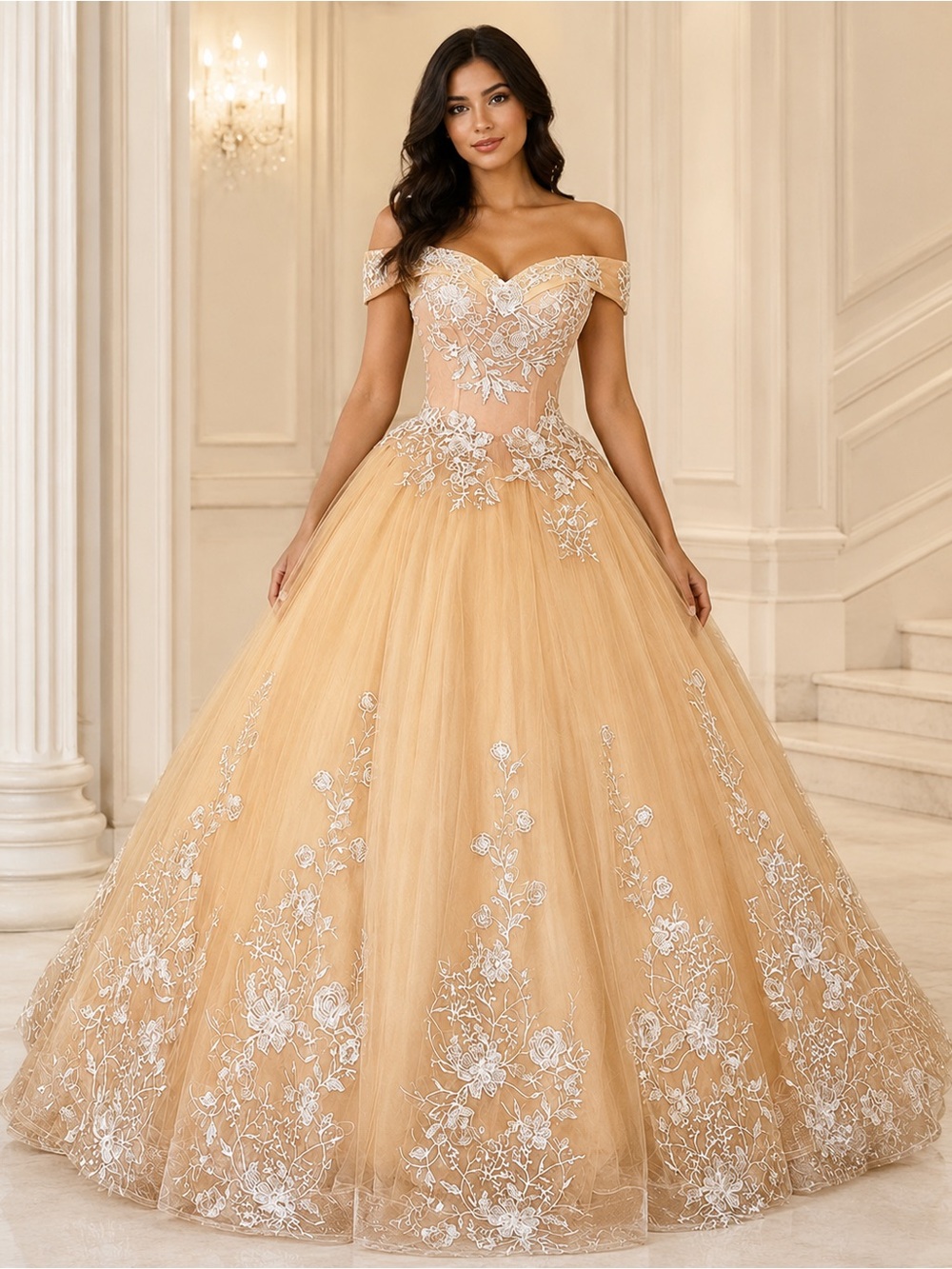 Peach Off-Shoulder Ball Gown with White Floral Appliqué